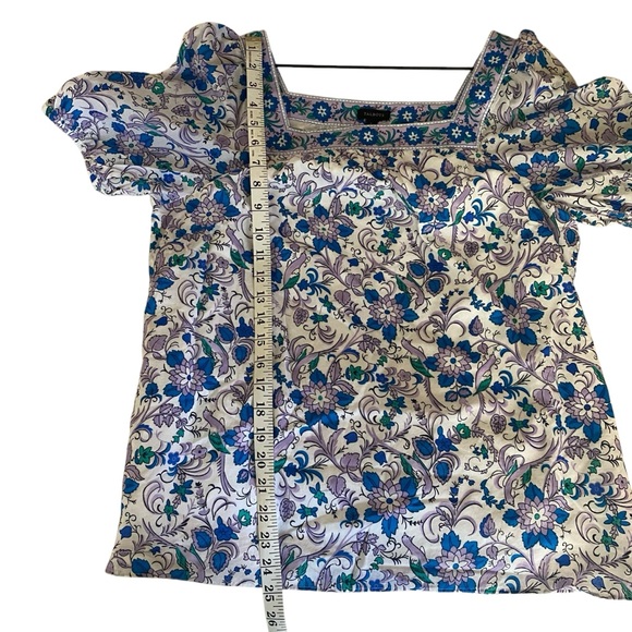 Talbots Blouse Size Large Blue Purple Floral Peacock Square Neck Short Sleeve - Picture 7 of 7